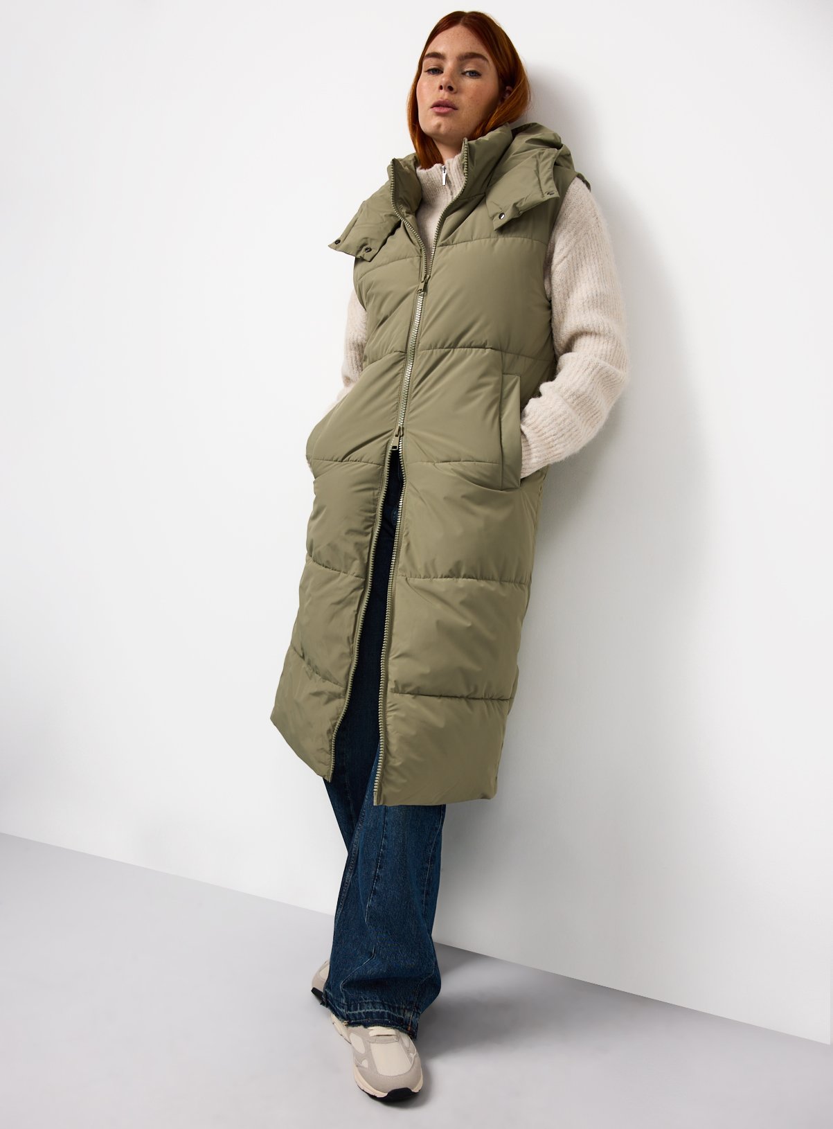 Light Khaki Longline Padded Gilet M - Image 3 thumbnail